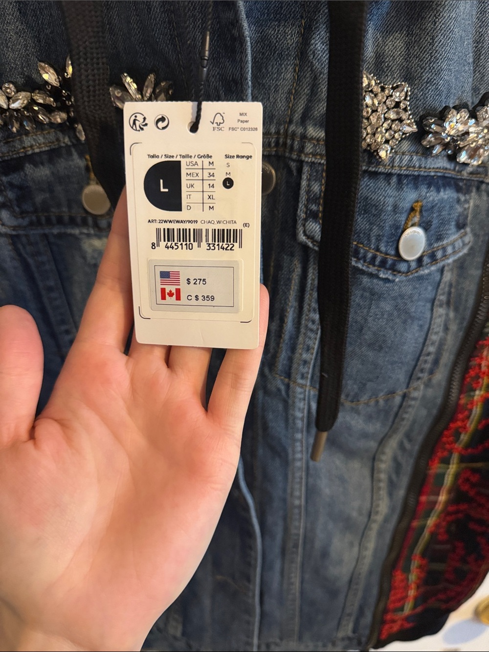NWT Desigual Blue Denim Jacket/Vest with Red Plaid Sleeves and Gray Hood - Picture 4 of 7
